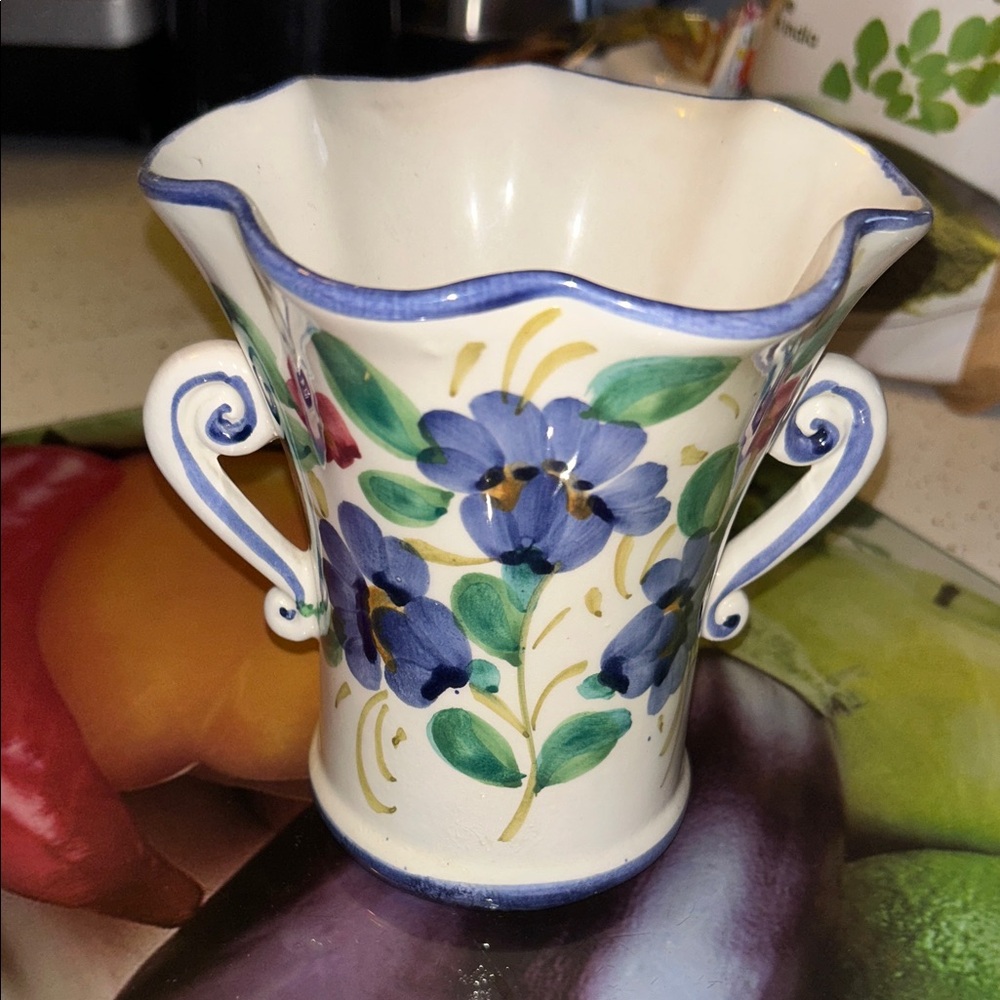 Floral Ceramic Vase with Blue Accents